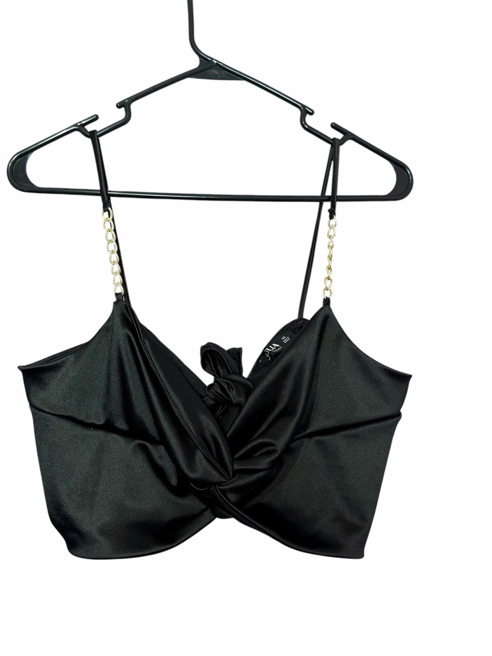 Woman’s XL Black Satin Twist Front Crop Top with Chain Straps and Tie in Back